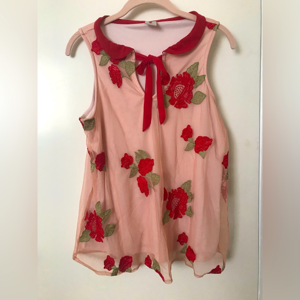 LC Lauren Conrad Snow White Floral Embroidered Ribbon-Tie Blouse